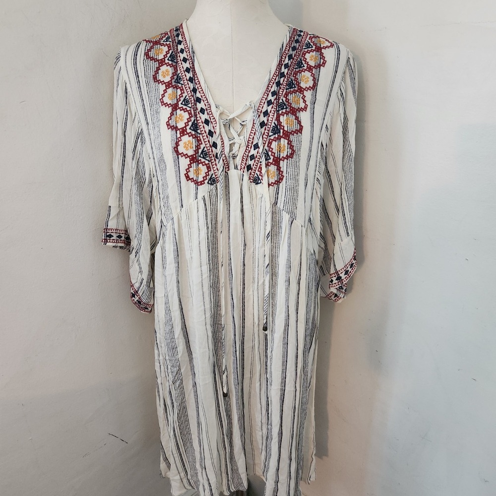 Artesia Women XL Embroidered Boho Lace Up Stripe Rayon Gauze Peasant Dress